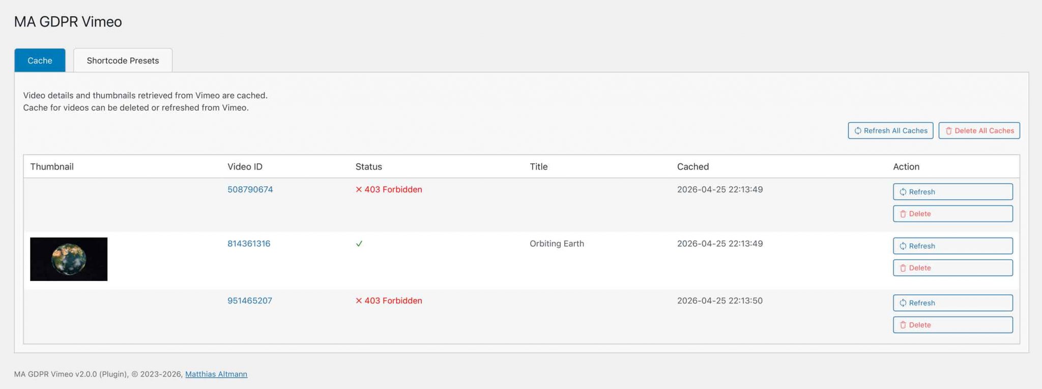 MA GDPR Vimeo - Admin Cache