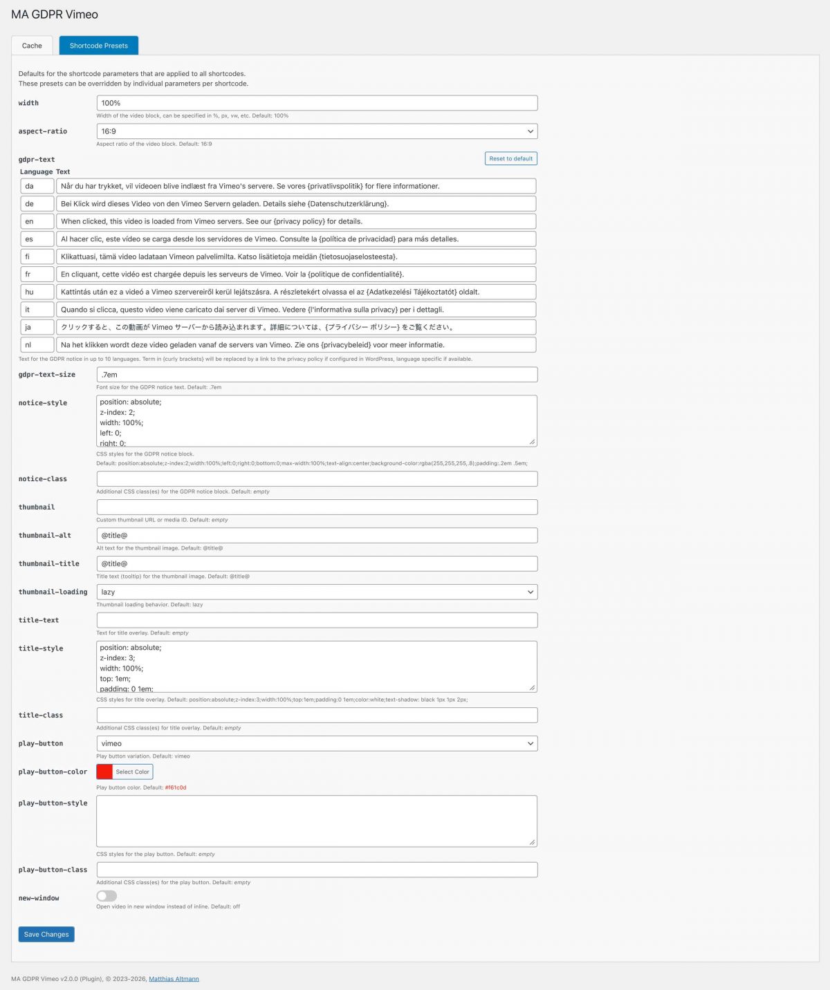 MA GDPR Vimeo - Admin Presets