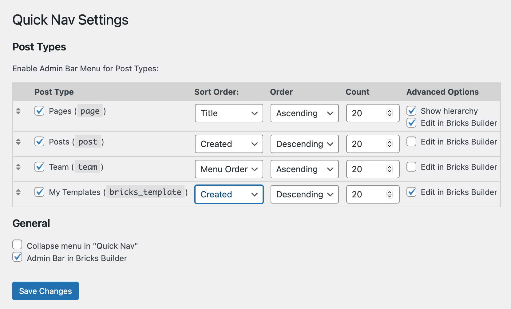 MA Admin Quick Nav - Settings - Bricks