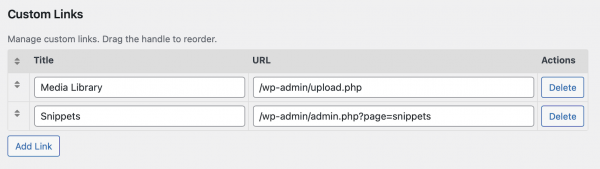 MA Admin Quick Nav - Settings - Custom Links
