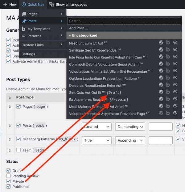 MA Admin Quick Nav - Settings - Status