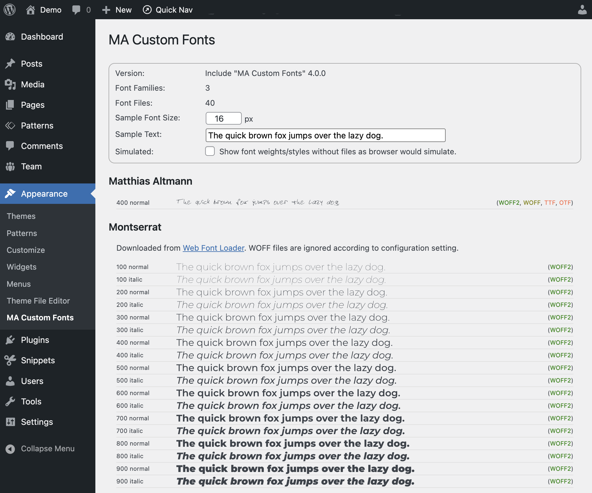 MA Custom Fonts Test Admin